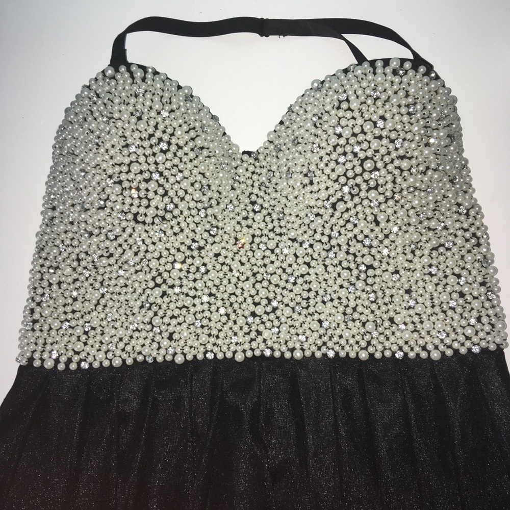 Black convertible dress with pearl bodice